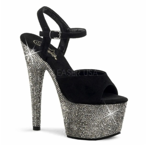 Pleaser Shoes - PLEASER Black Bejeweled Rhinestone 709DM Exotic Dancer 7” Suede Platform Sandal